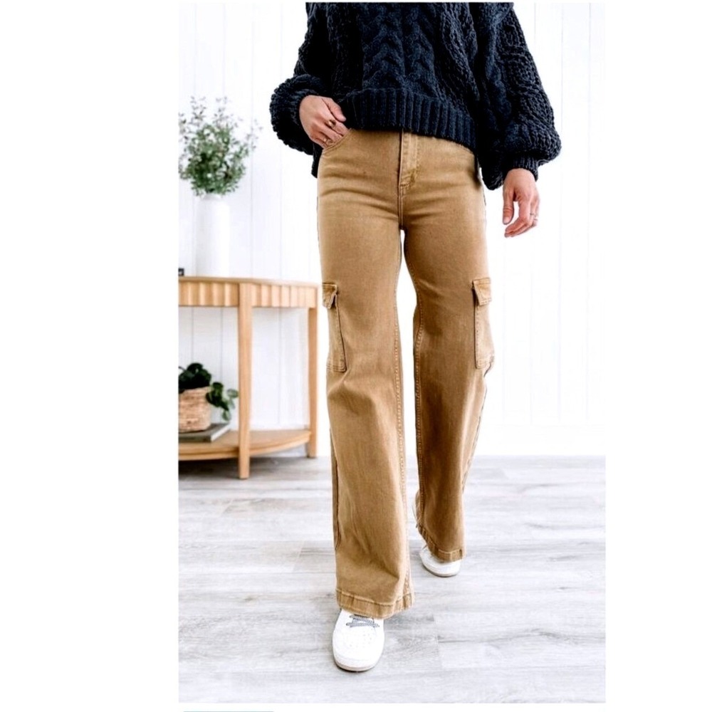 Risen Jeans Camel Tan Wide Leg Cargo Pants FP-RDP5488 Size 7 28